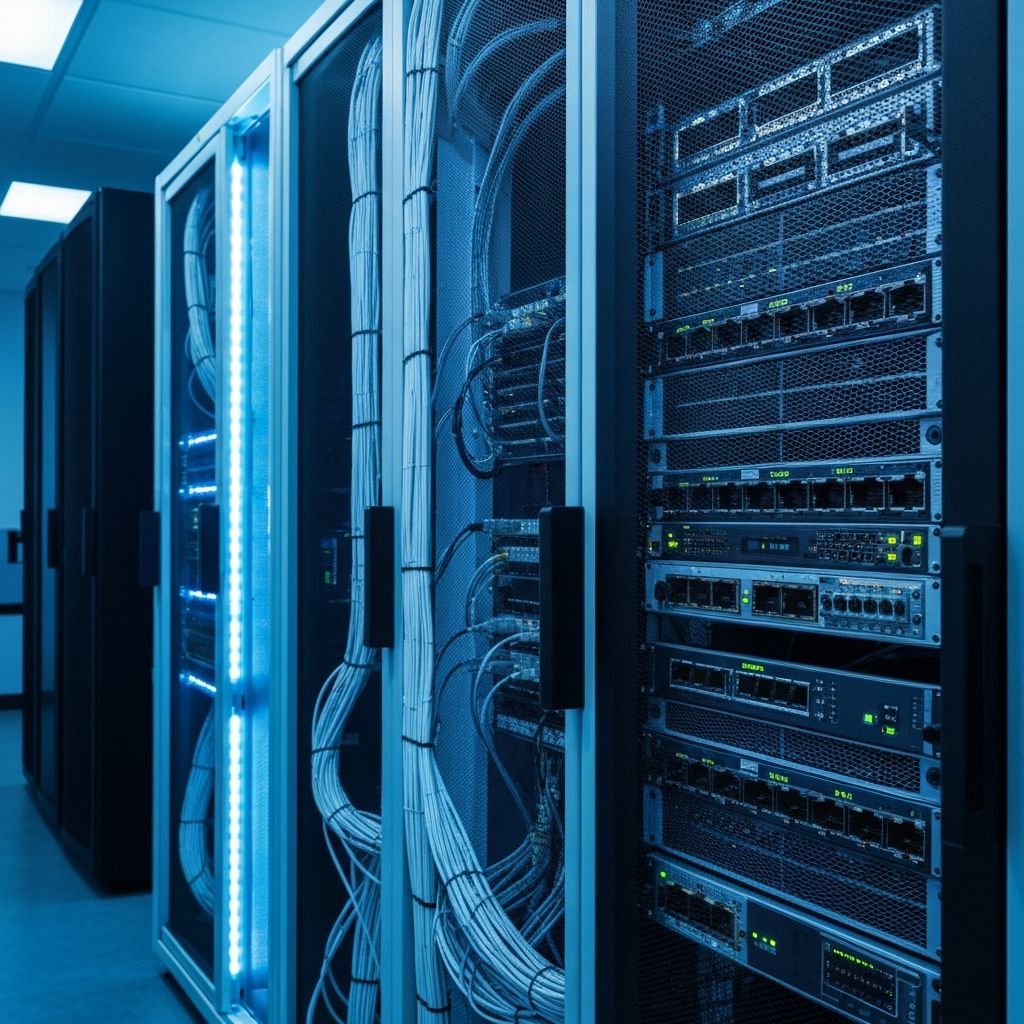 Modern server room with blue LED lighting representing IT infrastructure managed by I.T by J.C